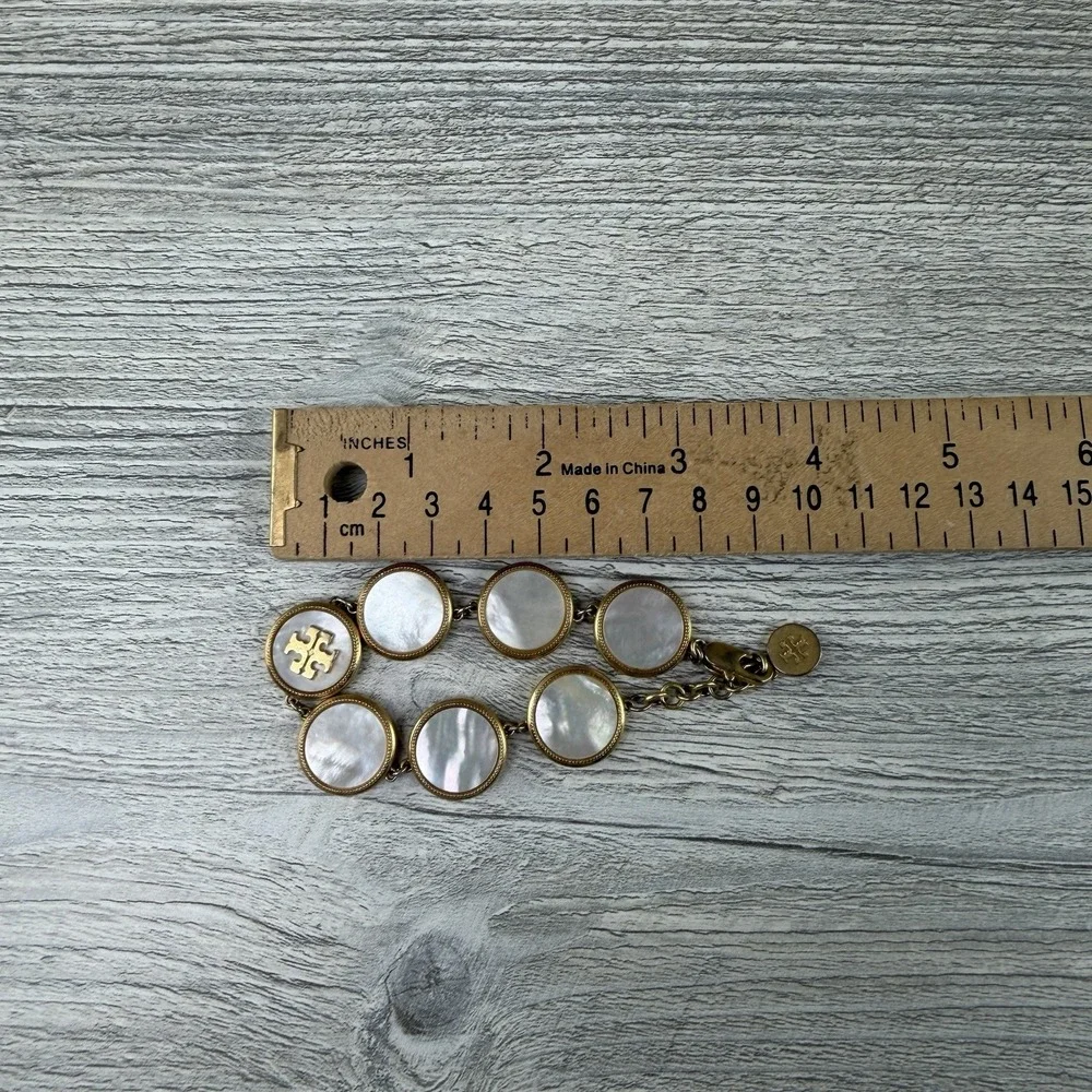 Tory Burch Mother of Pearl Logo Disc Link Bracelet Gold Tone Adjustable